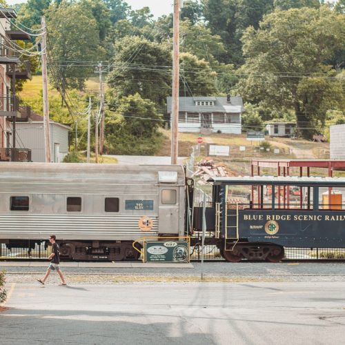 Blue Ridge Scenic Train stopped in yard before leaving.